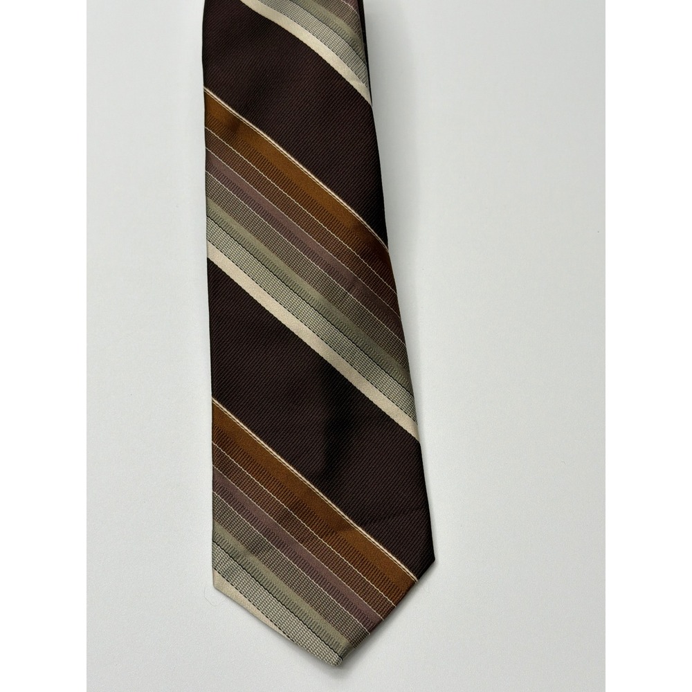 Lanvin Paris Mens Silk Necktie Brown Tan Olive‎ Green Striped Vintage Designer